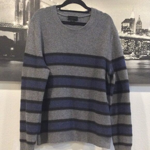 Magaschoni Men's 100% Cashmere Gray Blue Striped Crewneck Sweater Size M - Picture 3 of 9